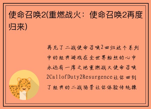 使命召唤2(重燃战火：使命召唤2再度归来)